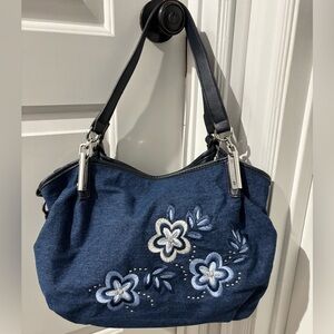 Y2K Denim Embroidered Floral Shoulder Bag Boho 2000s Blue Jean Purse